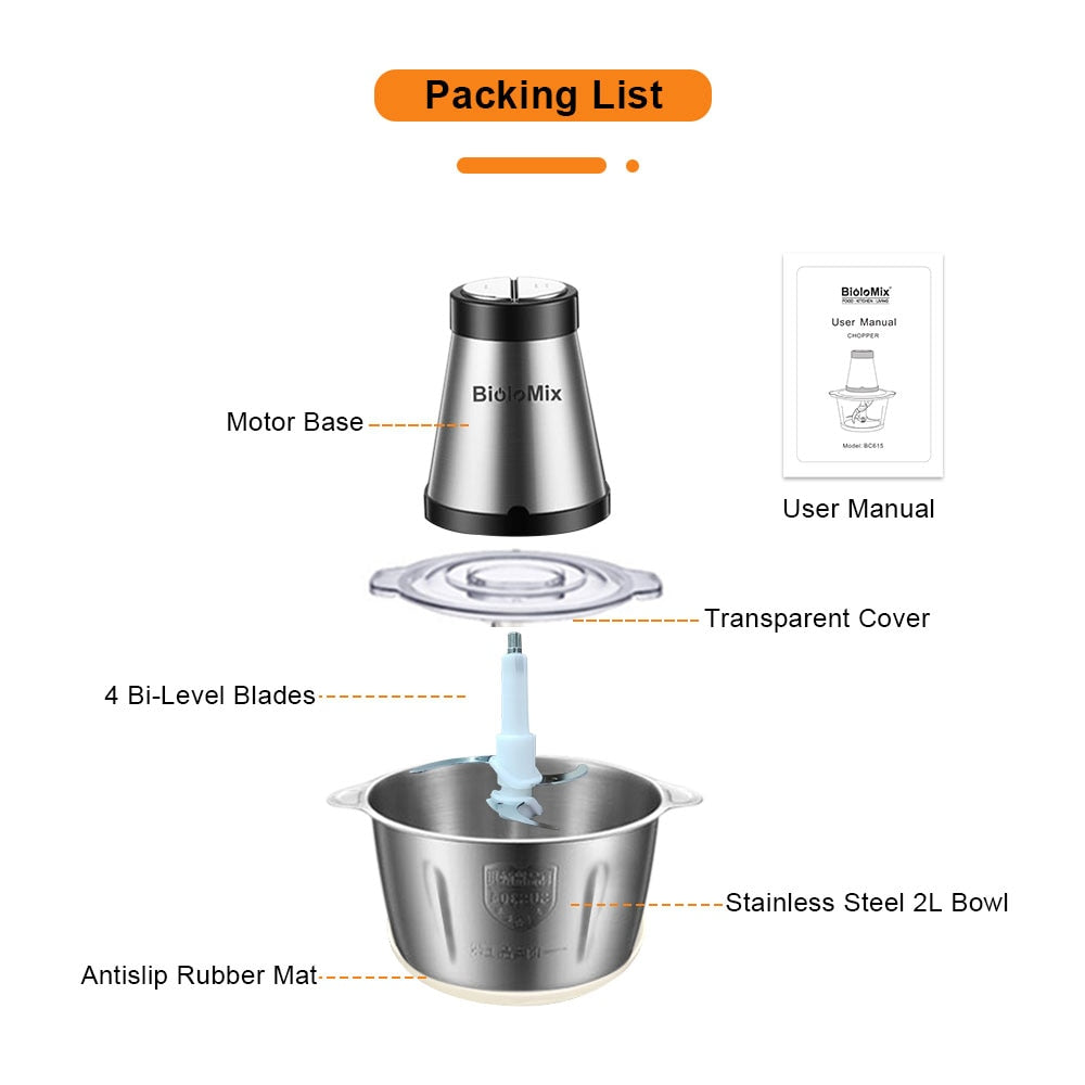 BioloMix 2 Speeds 500W Stainless steel 2L Capacity Electric Chopper