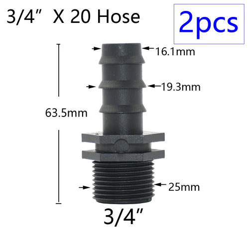 2pcs 1/2" 3/4" 1" Thread To Barb 16mm 20mm 25mm 32mm PE Hose Connector