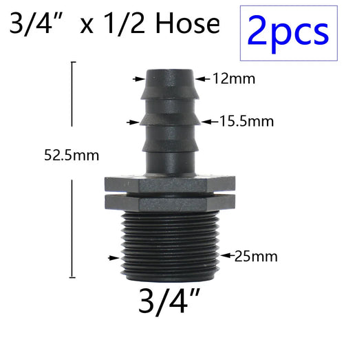 2pcs 1/2" 3/4" 1" Thread To Barb 16mm 20mm 25mm 32mm PE Hose Connector