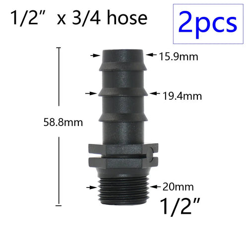 2pcs 1/2" 3/4" 1" Thread To Barb 16mm 20mm 25mm 32mm PE Hose Connector