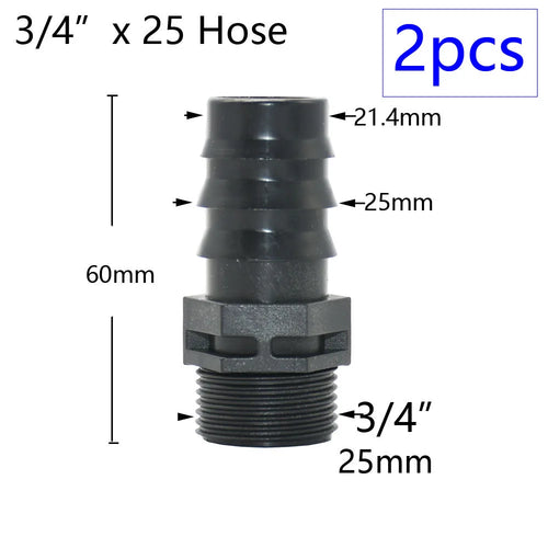 2pcs 1/2" 3/4" 1" Thread To Barb 16mm 20mm 25mm 32mm PE Hose Connector