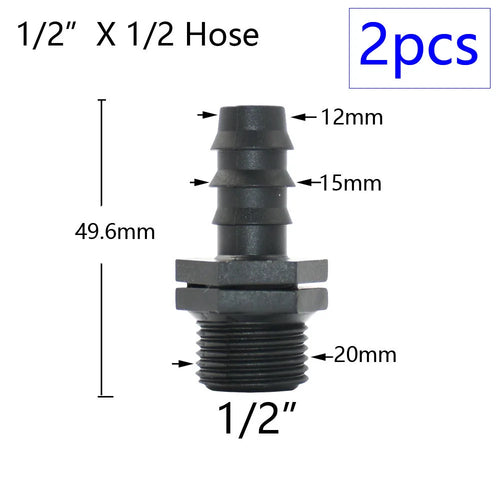 2pcs 1/2" 3/4" 1" Thread To Barb 16mm 20mm 25mm 32mm PE Hose Connector