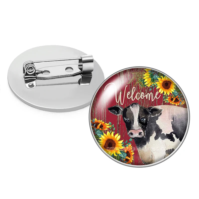 cows cattle Bull Cute animals Photo Glass cabochon Brooch pinback