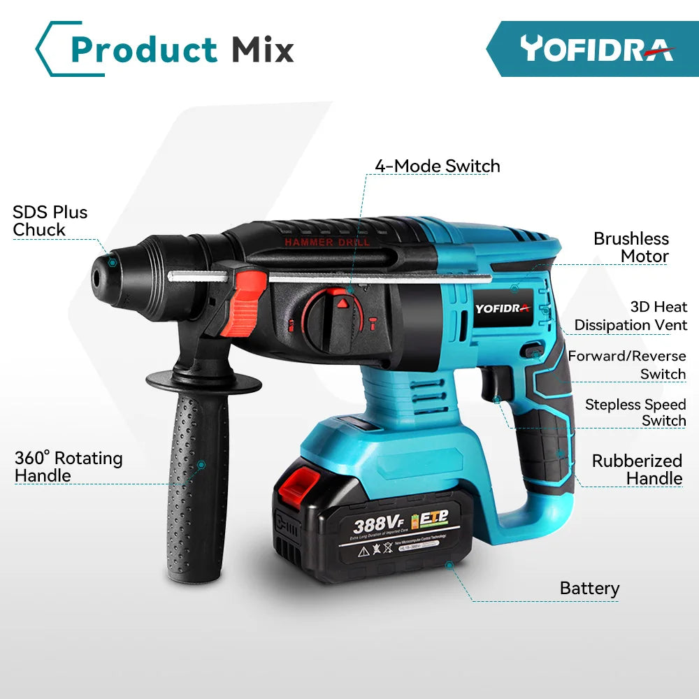 Yofidra 26MM Brushless Electric Hammer Drill Multifunctional Rotary