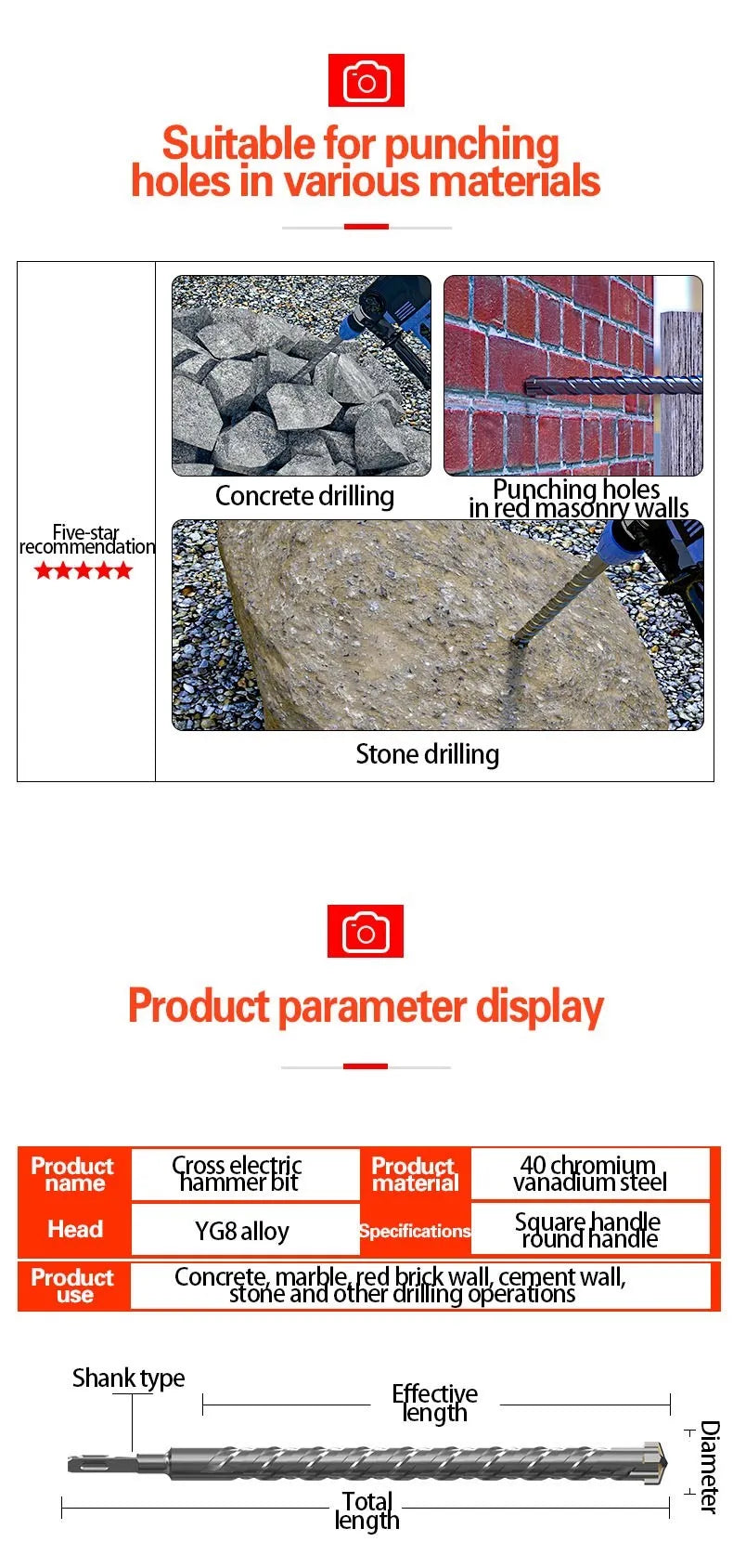 Concrete SDS Plus Drill Bit Cross Tips 4 Cutters 110mm 150 200