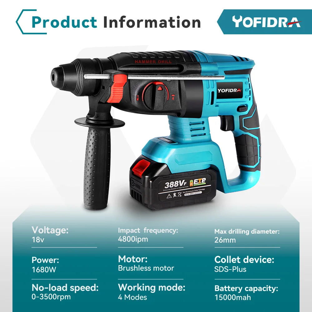 Yofidra 26MM Brushless Electric Hammer Drill Multifunctional Rotary